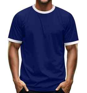 <b>Men's</b> <b>Navy</b> <b>Blue</b> Contrast Trim Front Logo Eco-Friendly Ringer T-<b>Shirt</b> Short Sleeve O-Neck Casual Solid - Product Image 1