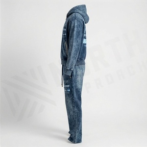 New Winter Oversized Vintage Heavy Acid Wash Sweatsuit Men Distressed Embroidery Cut Sew <b>Tracksuit</b> Active Customized Color - Product Image 3