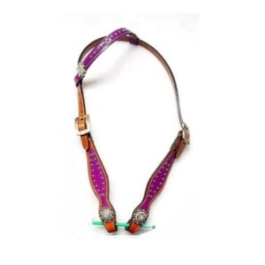 Western Leather One Ear Horse Headstall & Breast Collar Set Purple Crocodile Inlay Rhinestone Conchos <b>Studded</b> Western Tack Gear - Product Image 2
