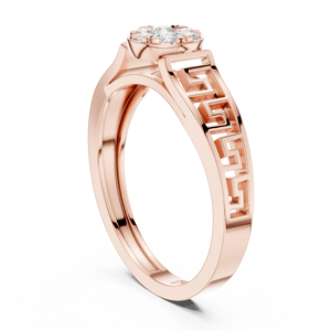 Round Cut Moissanite Diamond Flower Cluster Ring Greek Key Shank - Rose Gold Over Silver Cutout Maze Pattern Ring Women - Product Image 3