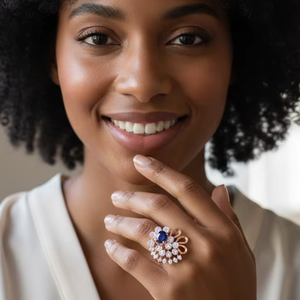 Bague personnalisée de luxe en saphir bleu et diamants en grappe, en or rose avec un design floral élégant pour mariage et anniversaire - Product Image 6