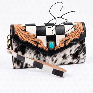 Southwest Hair On Hide Genuine <b>Leather</b> Wallet Women <b>Tooled</b> Western Clutch Cowgirl Checkered Design Wristlet with Turquoise Stone - Product Image 1
