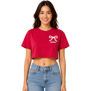 Nouveau haut court pour femme, style nœud papillon, brodé personnalisé, col rond, manches courtes, décontracté, été, en tissu doux, coupe bouffante et éclatante - Product Image 1