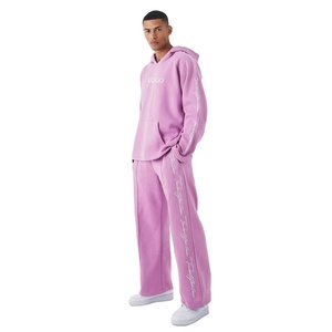 Men's <b>Pink</b> Hooded <b>Tracksuit</b> Set Full Length Loose Fit 100% Cotton Solid Color Casual Jogger Logo Print 2-in-1 Design Lightweight - Product Image 1