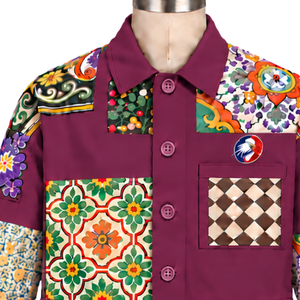 Chaqueta de trabajo Plum Mosaic con diseño floral de patchwork, abotonada, informal, de manga larga, estilo streetwear, venta al por mayor, personalizada - Product Image 3