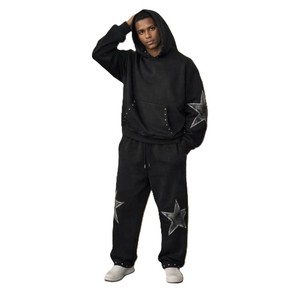 Ensemble de survêtement à capuche noir à imprimé étoiles pour femme, coupe ample, manches longues, décontracté, 100 % coton, pour l'automne, avec poches latérales - Product Image 6