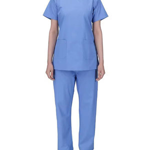 Unisex Light Blue Medical Scrub <b>Set</b> Short Sleeve V-Neck Top and Matching Straight Pants Soft Breathable Nurse <b>Doctor</b> Uniform Kit - Product Image 1