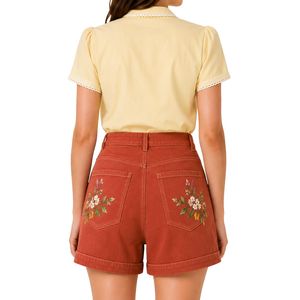 Custom Rust Red Floral Embroidered <b>Women</b> High Waist Denim Shorts Casual Summer Cotton Stretch <b>Jean</b> Shorts Custom Logo Apparel - Product Image 2