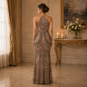 Luxury Champagne Embellished Halter Neck Evening Gown for Women Beaded <b>Sequin</b> Mermaid Party Dress Formal Wedding Reception Wear - Product Image 3
