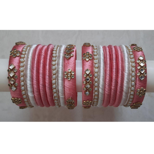 Wholesale <b>Indian</b> Silk Thread Jewelry Set - 24pcs Pink & White <b>Bangle</b> Collection with Stone Work - Party Wear Bridal <b>Bangle</b> Set - Product Image 4