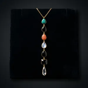 Women's Brass Gold Plated Vintage Pendant Necklace with <b>Turquoise</b> and Multi Color Stones Snake Chain Anniversary Jewelry - Product Image 3