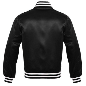Unisex Classic Satin Varsity Bomber Jacket <b>Green</b> Blue Black Collection Striped Ribbed Trim Zipper Closure Sporty Stand Patchwork - Product Image 3
