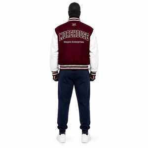 Chaqueta Varsity Personalizada OEM de Lana Reciclada de Alto Gramaje con Mangas de Cuero Genuino de Vaca para Hombre, Estilo Universitario Urbano Relajado - Product Image 2