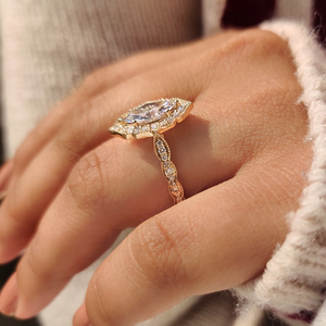 แหวนเพชรทรงมาร์คีส์สวยงามจากแล็บโกรว์ ดีไซน์วินเทจ ขอบมิลเกรน ทอง 14K 18K ของขวัญแต่งงานสำหรับเจ้าสาว - Product Image 3