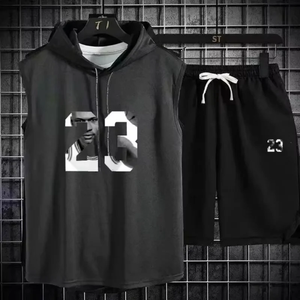 Nouvel ensemble sportif deux pièces été pour homme et femme : T-shirt sans manches à capuche + short de sport, idéal pour la gym et le style décontracté - Product Image 2