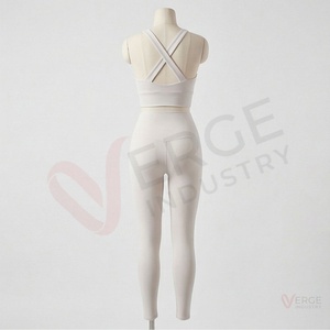 <b>Women</b> Seamless Yoga Set 2 Piece Crisscross Strap Crop Top High Waist Leggings Off <b>White</b> - Product Image 2