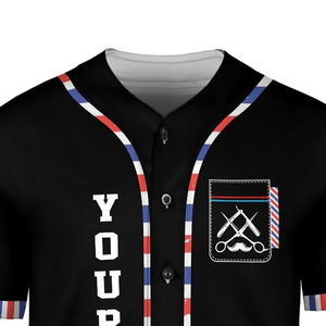 Custom Barber Shop Sublimated Jersey Black With Red White Blue Trim Personalized Name And Logo - Product Image 5