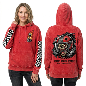 Hoodie sans manches rouge délavé pour femme, coupe muscle, bords bruts, avec imprimé chien zombie et cœur anatomique sur le devant - Product Image 3