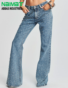 Vaqueros acampanados de tiro alto con pedrería premium para mujer, pantalones de pierna ancha con cristales para fiestas y eventos nocturnos - Product Image 2