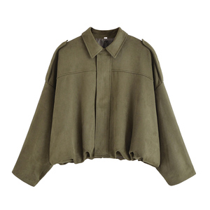 Veste Courte Minimaliste pour Femme, Couleur Unie, Col Rabattu, Manches Tombantes, en Polyester Tissé, Vêtement d'Extérieur Décontracté pour l'Automne - Product Image 1