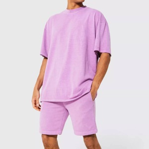 Conjunto de Camiseta de Manga Corta y Pantalones Cortos de Algodón 100% para Hombre, Cintura Elástica, Ropa Casual, Transpirable, Tejido de Punto, Cintura Media, Diseño Liso - Product Image 3