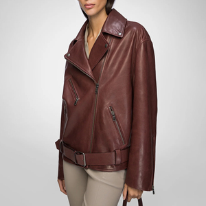 <b>Women's</b> Brown Genuine <b>Leather</b> <b>Moto</b> <b>Jacket</b> Full Sleeve Stand Collar Zipper Closure Autumn Style - Product Image 4