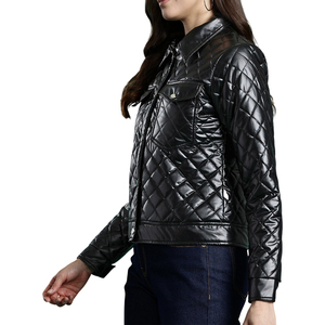 Chaqueta de Cuero PU Acolchada para Mujer, Color Sólido, Cuello Camisero, Manga Larga, Cierre de Cremallera, Largo Regular, para Otoño - Product Image 1