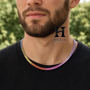 Men's Rainbow Gradient Tennis Necklace Gold Plated Colorful Multi <b>Gemstone</b> Iced Out Choker Chain Jewelry - Product Image 6