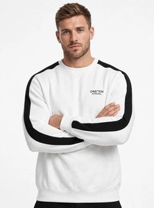 ONETEN APPAREL เสื้อสเวตเชิ้ตคอกลมสีขาวสำหรับผู้ชาย ลายแถบสีดำ สปอร์ต พูลโอเวอร์ - Product Image 6