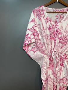 Nuevo Kaftán con Estampado Animal, Cuello en V, Cordón Ajustable, Estilo Flare, de Algodón Suave Indio, con Encaje, Largo, para Playa o Dama de Honor - Product Image 4