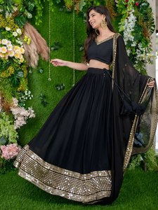 <b>Black</b> Georgette Lehenga Choli Set with Gold <b>Mirror</b> Sequin Border & Dupatta - Indian Party Wear Lehenga for Women, Cocktail Recep - Product Image 2