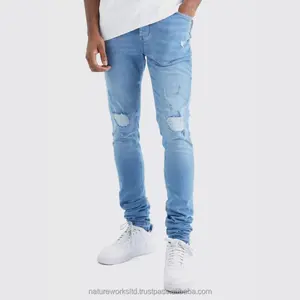 Calça jeans azul celeste lavada skinny rasgada de ourela 9-13 onças Spandex cintura alta lisa plus size jeans slim fit masculino