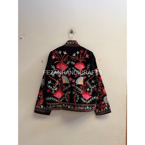 Black <b>Velvet</b> Stand Collar <b>Jacket</b> <b>Women</b> Hand Embroidered Floral Suzani Coat Zipper Winter Short Boho Outerwear - Product Image 2