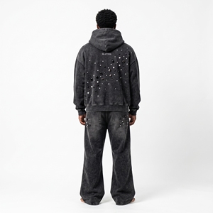 <b>Mens</b> <b>Black</b> Rhinestone <b>Hoodie</b> Tracksuit Set Zip Up Sweatshirt Wide Leg Pants Streetwear Casual Matching Outfit Style - Product Image 2