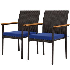 Set di 2 Sedie da Pranzo Impilabili in Vimini Blu Navy con Cuscini, Schienale e Braccioli per Terrazza e Giardino, per Uso Esterno - Product Image 1