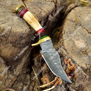 มีดสกินเนอร์ดามัสกัสจากโรงงานผู้ผลิตโดยตรง (OEM) ด้ามทำจากเขากวางแท้ พร้อมปลอกทองเหลืองและปลอกหนัง อุปกรณ์ EDC สำหรับการล่าสัตว์และการเอาชีวิตรอด - Product Image 3