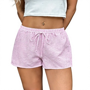 Women's Pink Solid Cotton <b>Shorts</b> Mid Waist Elastic Waist Fur Button Eco-Friendly Breathable Casual Summer Wear - Product Image 1