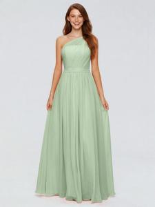 Robe de demoiselle d'honneur longue en mousseline bleu poussière à une épaule, style classique inspiré de l'océan avec décoration drapée pour mariages à la plage - Product Image 4