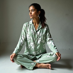 Conjunto de pijama de viscosa sedosa para mujer, Conjunto de pijama de color verde pizarra con detalle de ribete y bolsillos funcionales - Product Image 6