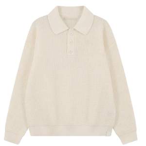 <b>Men</b> Waffle Knit <b>Long</b> <b>Sleeve</b> Polo Sweater <b>White</b> Casual Button Collar Pullover Top Soft Cotton Blend OEM Custom Menswear - Product Image 1