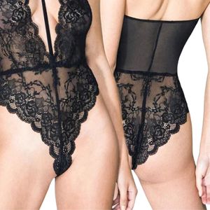 Women's Black Lace Bodysuit Sexy See Through Hollow Out One Piece Lingerie - Product Image 5