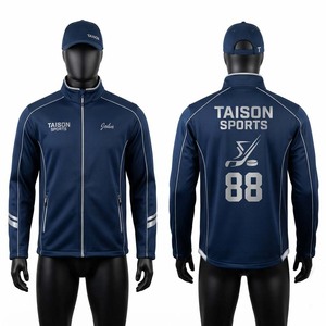 Veste d'entraînement de hockey sur glace en tricot de polyester premium 280 GSM, bleu marine avec passepoil blanc, logo personnalisé par transfert thermique, vêtement de sport ajusté - Product Image 1