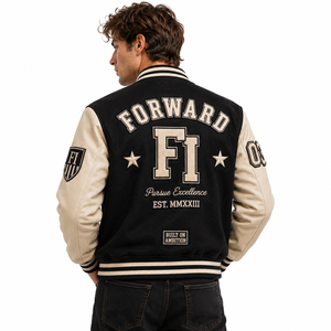 Blouson universitaire en cuir avec applique numérotée sur le devant, manches contrastantes à boutons-pression, logo personnalisé, blouson de baseball pour homme, style USA - Product Image 2