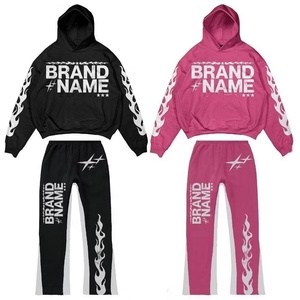 Conjunto de sudaderas con capucha y pantalones de chándal acampanados personalizados, chándal con parche bordado con apliques, conjuntos de dos piezas con lavado ácido y decoloración solar, chándales - Product Image 1