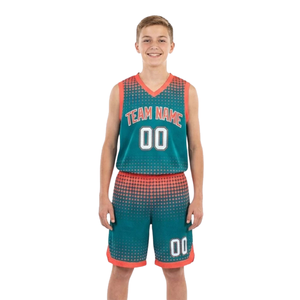 Conjunto de Uniforme de Baloncesto para Niños con Camiseta sin Mangas con Cuello en V y Pantalones Cortos a Juego con Diseño Degradado de Puntos, Nombre del Equipo y Números de Jugador Personalizables - Product Image 1