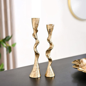 Elegant Gold Wavy Taper Candle Stand With Textured Finish <b>Set</b> Of 2 Sophisticated Pillars For Luxury Dining And Home Decoration - Product Image 1