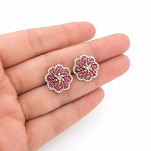 Boucles d'oreilles clous en or jaune 10K vermeil avec moissanite et pierre précieuse rose taille ronde pour femme - Product Image 3