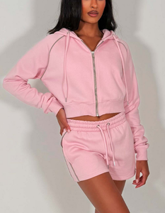 2026 Custom Autumn Full <b>Zip</b> <b>Up</b> Crop Top Hoodie Jacket and Shorts Sets for Casual 2 Piece Y2k Tracksuit Cotton/Poly Blend 280 GSM - Product Image 2