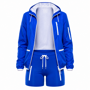 Ensemble de sport unisexe bleu à capuche en tricot, spandex et polyester respirant, 2 pièces, short coupe classique, toutes saisons, vêtements de sport - Product Image 1