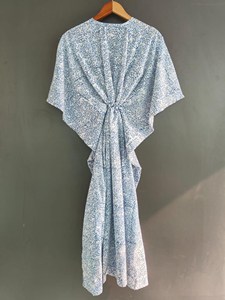 <b>Boho</b> Floral Block Print Kaftan <b>Dress</b> With Tie Back Loose Fit Short Sleeve Cotton <b>Summer</b> Casual Women's <b>Dress</b> - Product Image 1